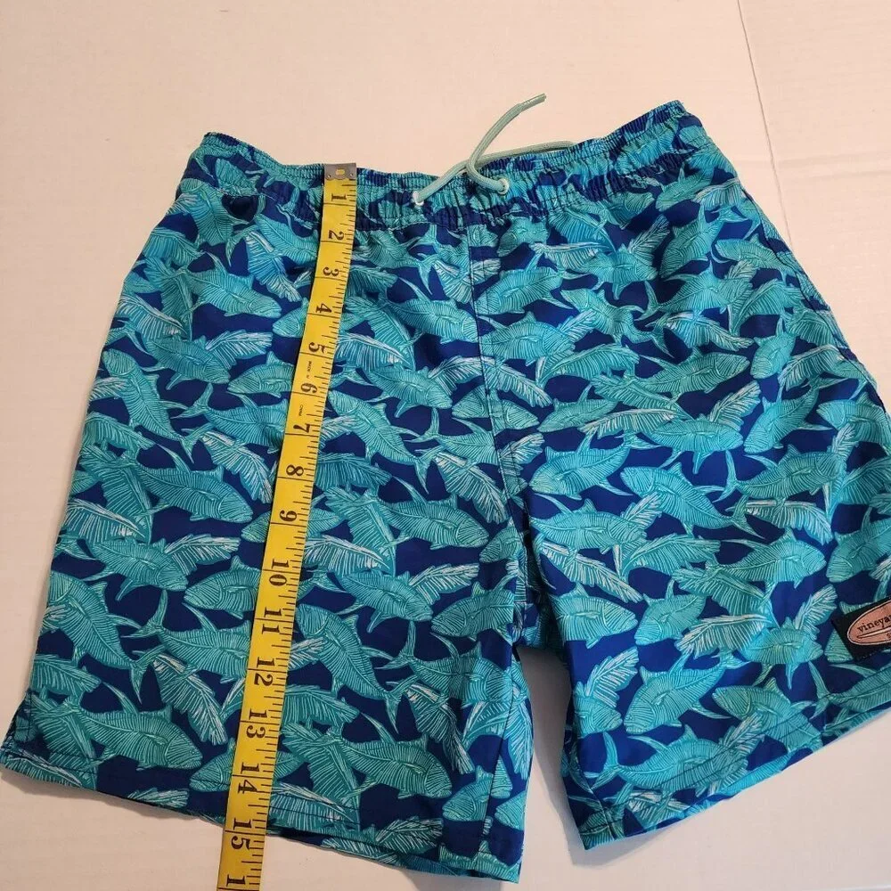 Vineyard Vines Boy M Blue Tropical Leaf Swim Trunks  Elastic Waist Drawstring
